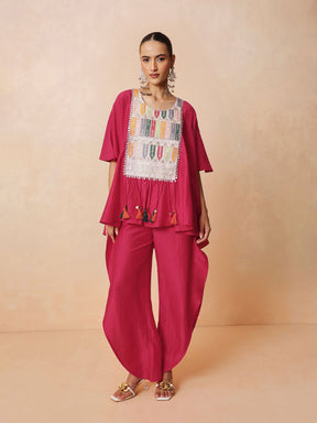 Women Fuchsia Embroidered Patch Kaftan With Tulip Pants