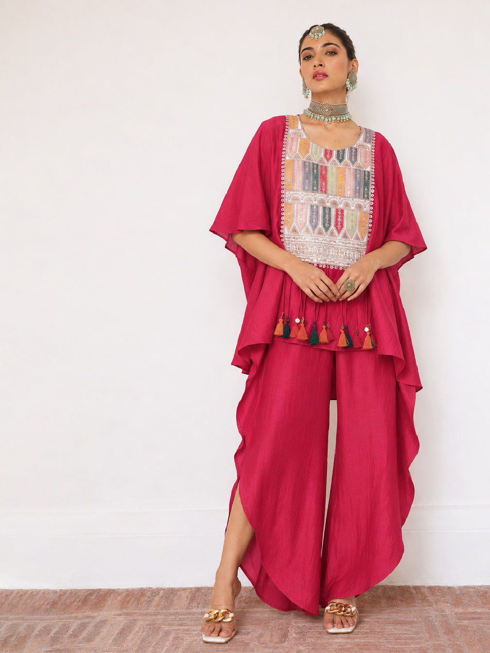 Fuchsia Embroidered Patch Kaftan With Tulip Pants -Shae by SASSAFRAS