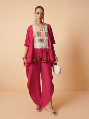 Women Fuchsia Embroidered Patch Kaftan With Tulip Pants