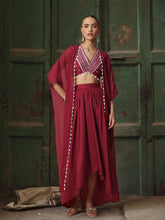 Maroon Embroidered Crop Top With Dhoti Skirt And Shrug-Shae by SASSAFRAS