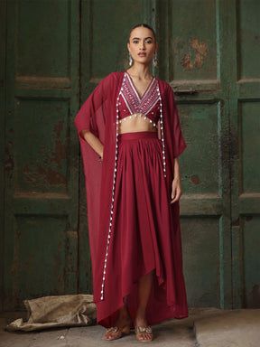 Maroon Embroidered Crop Top With Dhoti Skirt And Shrug-Shae by SASSAFRAS