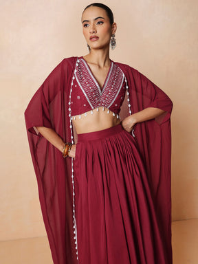 Maroon Embroidered Crop Top With Dhoti Skirt And Shrug-Shae by SASSAFRAS