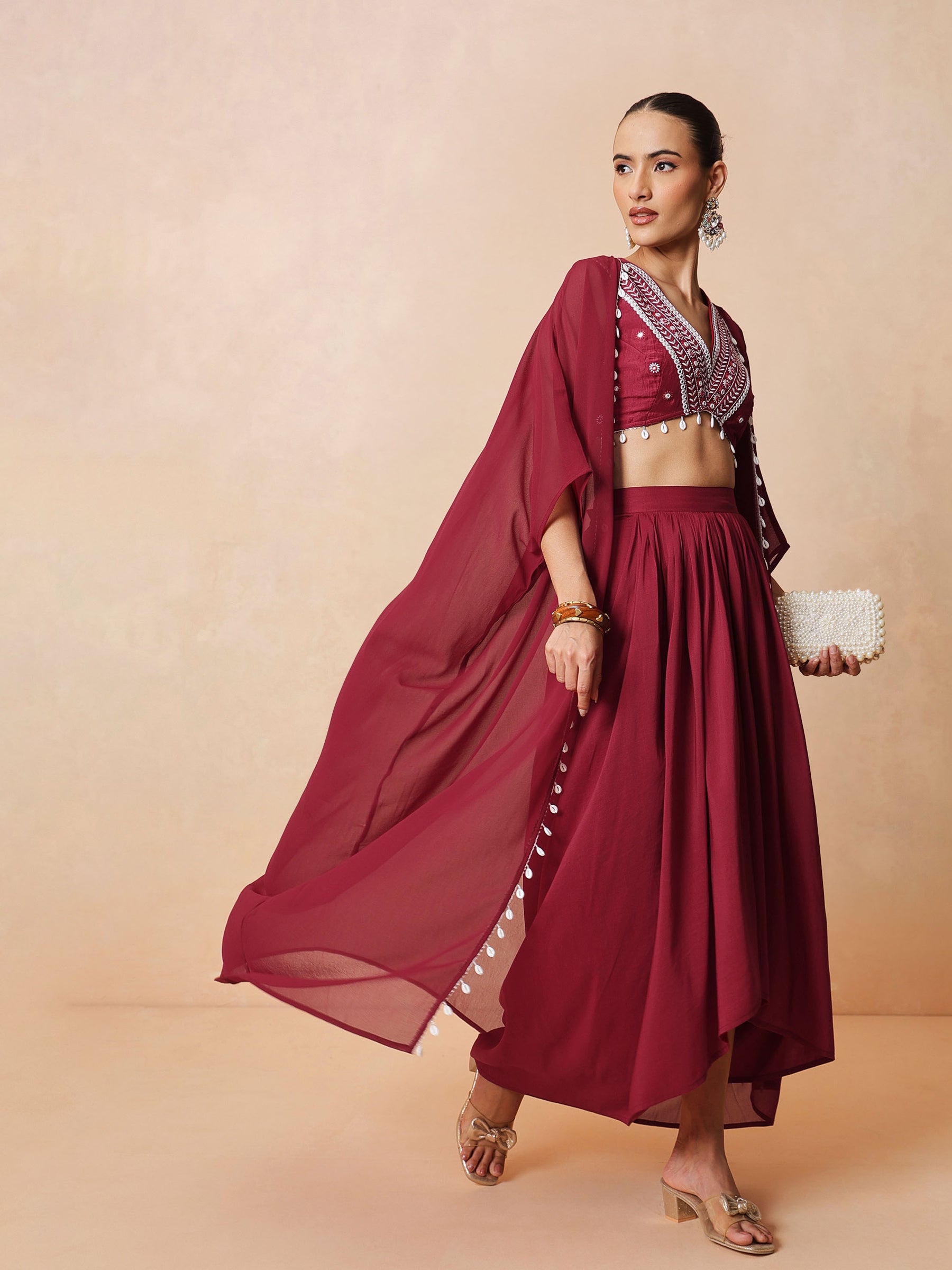 Maroon Embroidered Crop Top With Dhoti Skirt And Shrug-Shae by SASSAFRAS