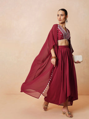 Maroon Embroidered Crop Top With Dhoti Skirt And Shrug-Shae by SASSAFRAS