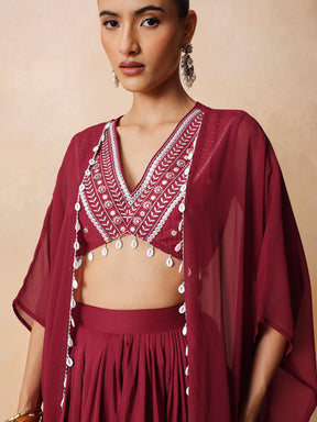 Maroon Embroidered Crop Top With Dhoti Skirt And Shrug-Shae by SASSAFRAS