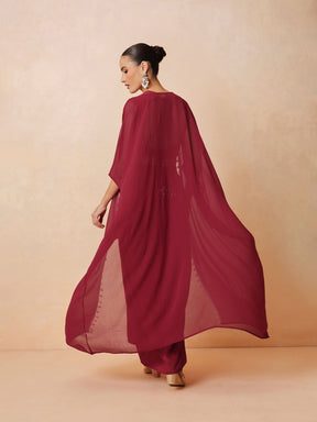 Maroon Embroidered Crop Top With Dhoti Skirt And Shrug-Shae by SASSAFRAS