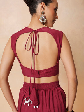 Maroon Embroidered Crop Top With Dhoti Skirt And Shrug-Shae by SASSAFRAS