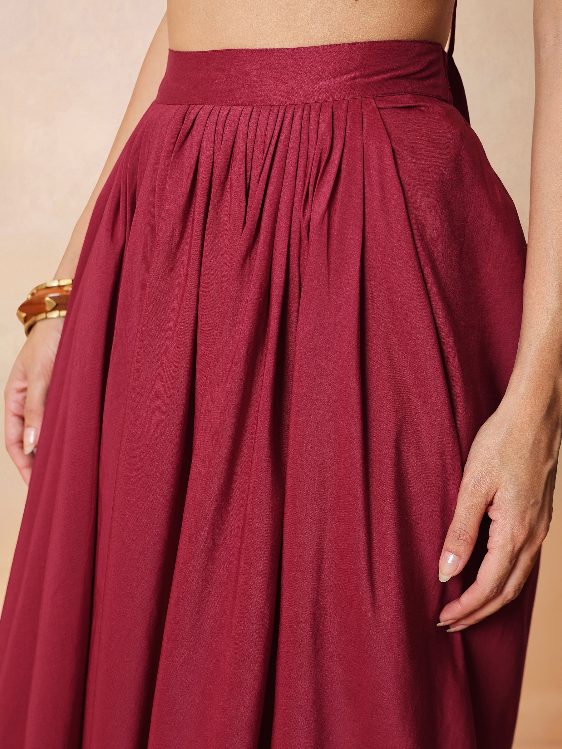 Women Maroon Embroidered Crop Top With Dhoti Skirt And Shrug