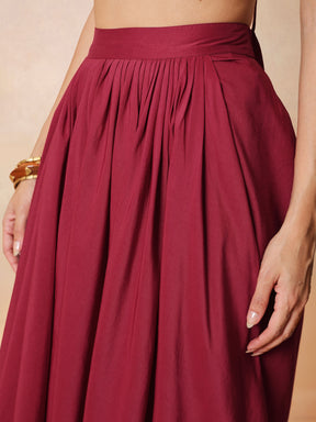 Women Maroon Embroidered Crop Top With Dhoti Skirt And Shrug