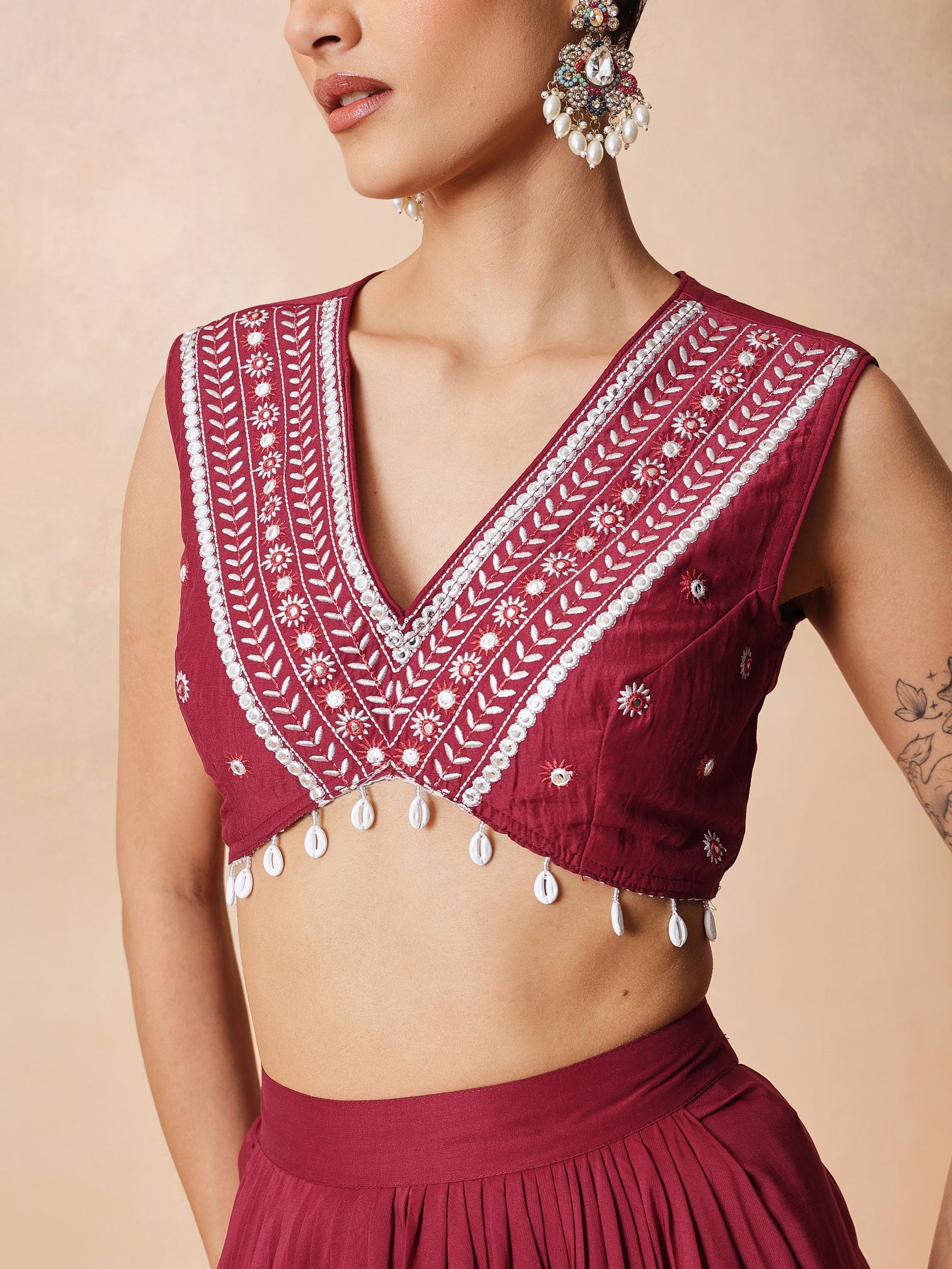 Women Maroon Embroidered Crop Top With Dhoti Skirt And Shrug
