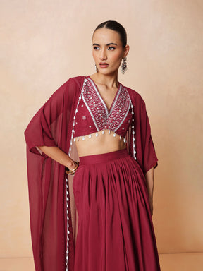 Women Maroon Embroidered Crop Top With Dhoti Skirt And Shrug