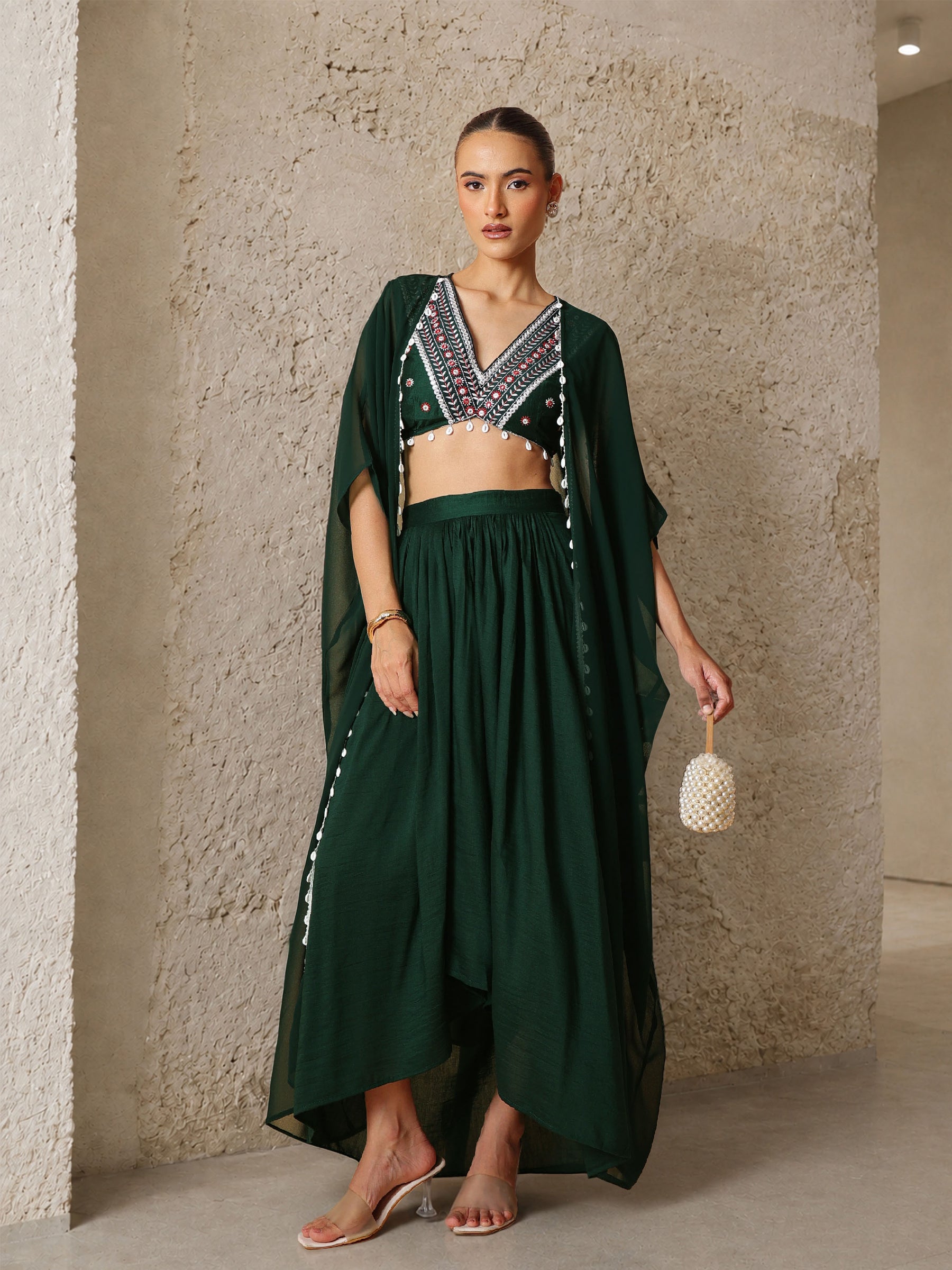 Emerald Green Embroidered Crop Top With Dhoti Skirt And Shrug-Shae by SASSAFRAS
