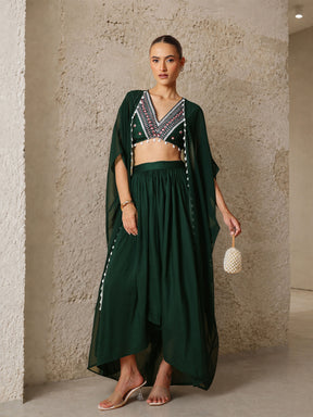 Emerald Green Embroidered Crop Top With Dhoti Skirt And Shrug-Shae by SASSAFRAS