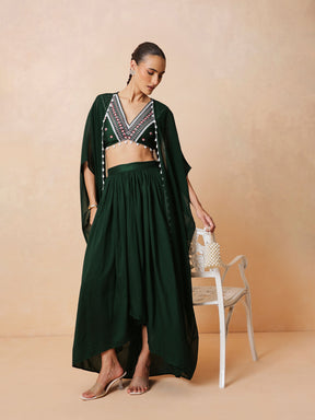 Emerald Green Embroidered Crop Top With Dhoti Skirt And Shrug-Shae by SASSAFRAS