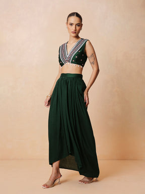 Emerald Green Embroidered Crop Top With Dhoti Skirt And Shrug-Shae by SASSAFRAS