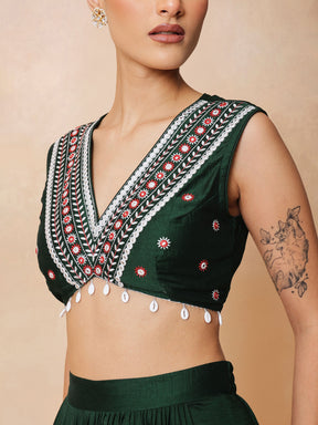 Emerald Green Embroidered Crop Top With Dhoti Skirt And Shrug-Shae by SASSAFRAS