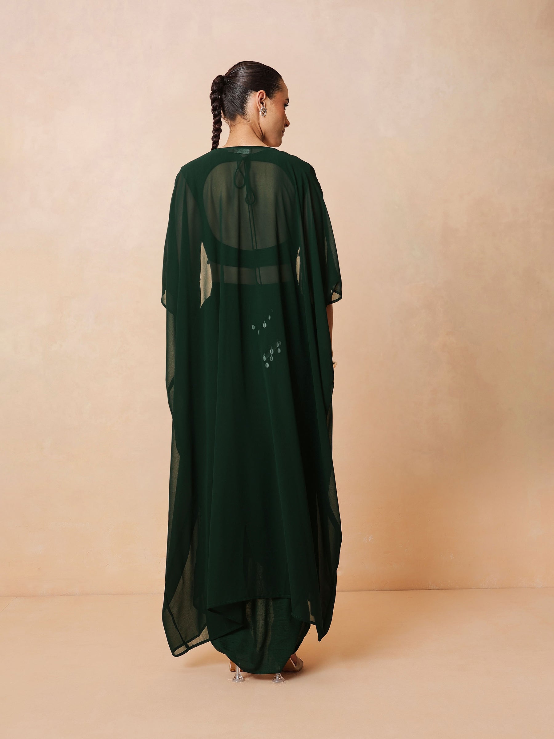Emerald Green Embroidered Crop Top With Dhoti Skirt And Shrug-Shae by SASSAFRAS