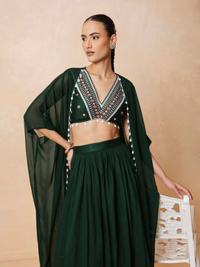 Women Emerald Green Embroidered Crop Top With Dhoti Skirt And Shrug