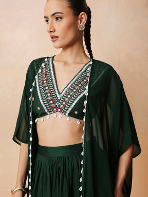 Women Emerald Green Embroidered Crop Top With Dhoti Skirt And Shrug