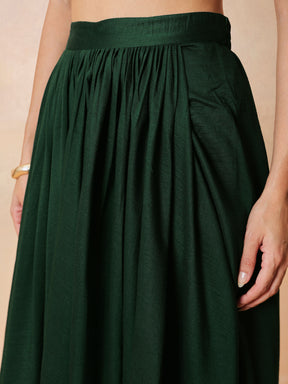 Women Emerald Green Embroidered Crop Top With Dhoti Skirt And Shrug