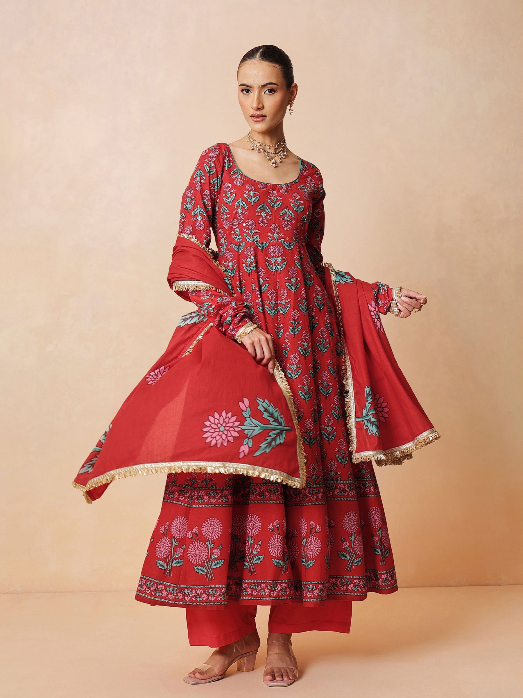 Red Floral Anarkali Kurta With Pencil Pants & Dupatta-Luxe - Shae by SASSAFRAS