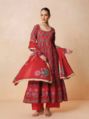Red Floral Anarkali Kurta With Pencil Pants & Dupatta-Luxe - Shae by SASSAFRAS