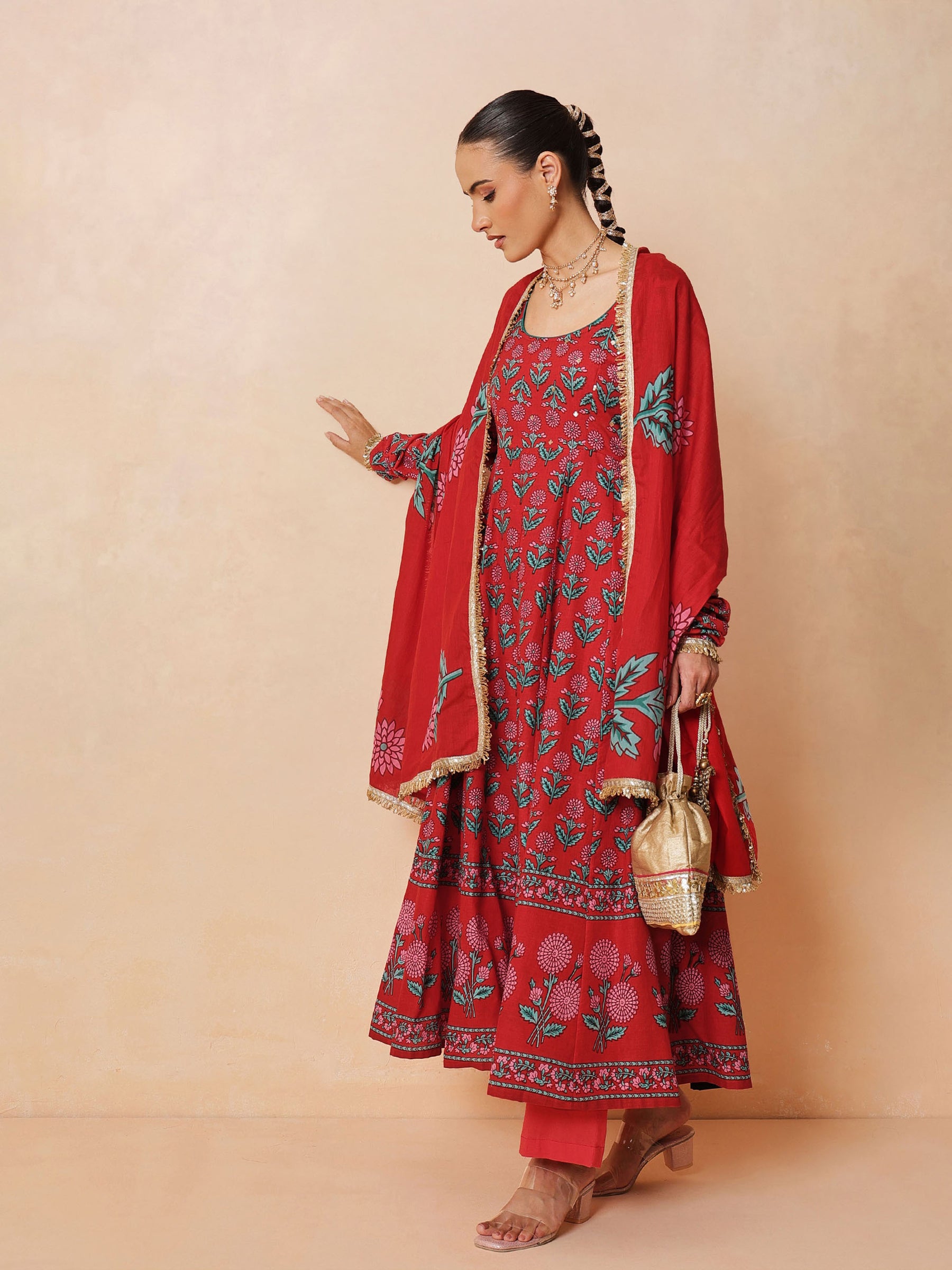 Red Floral Anarkali Kurta With Pencil Pants & Dupatta-Luxe - Shae by SASSAFRAS