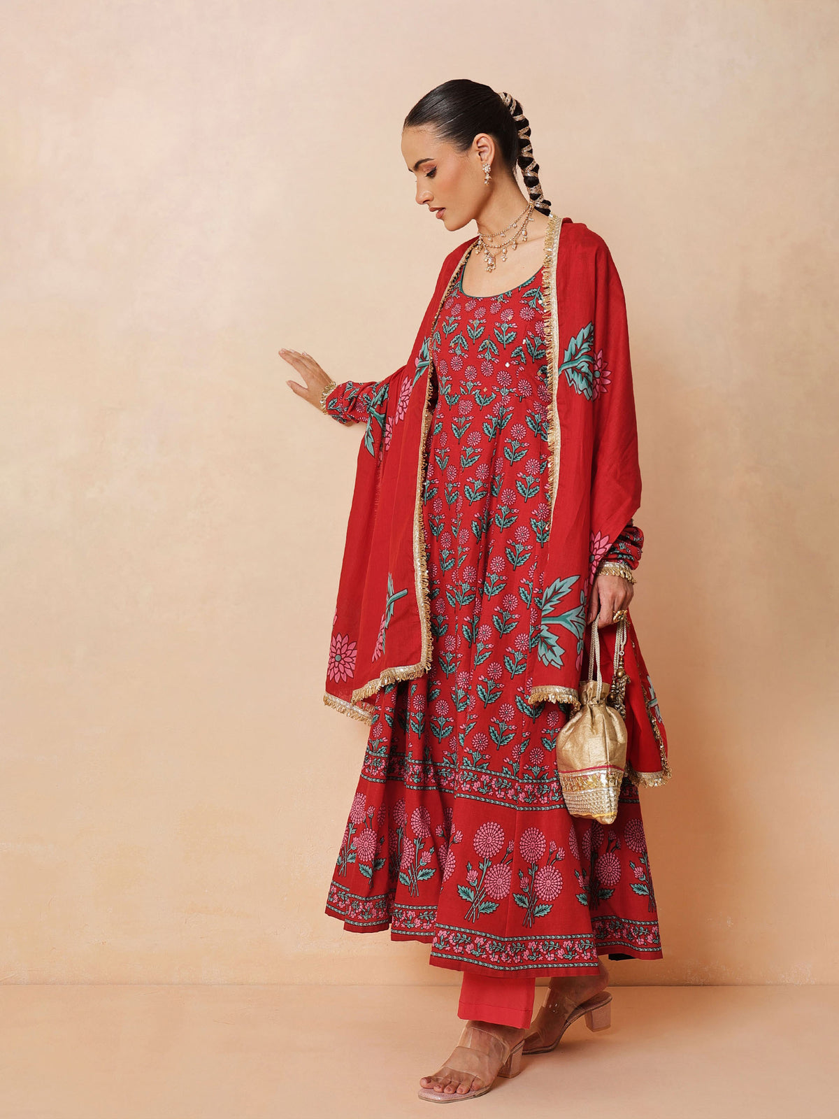 Women Red Floral Anarkali Kurta With Pencil Pants & Dupatta