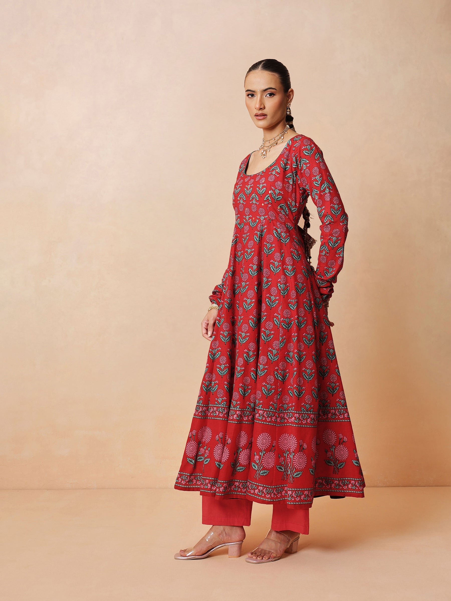 Women Red Floral Anarkali Kurta With Pencil Pants & Dupatta