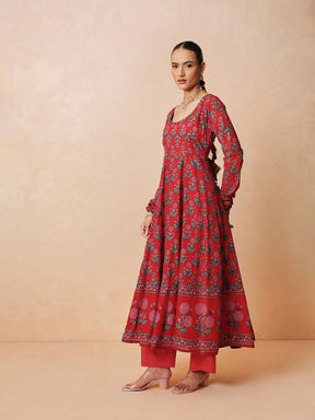 Women Red Floral Anarkali Kurta With Pencil Pants & Dupatta