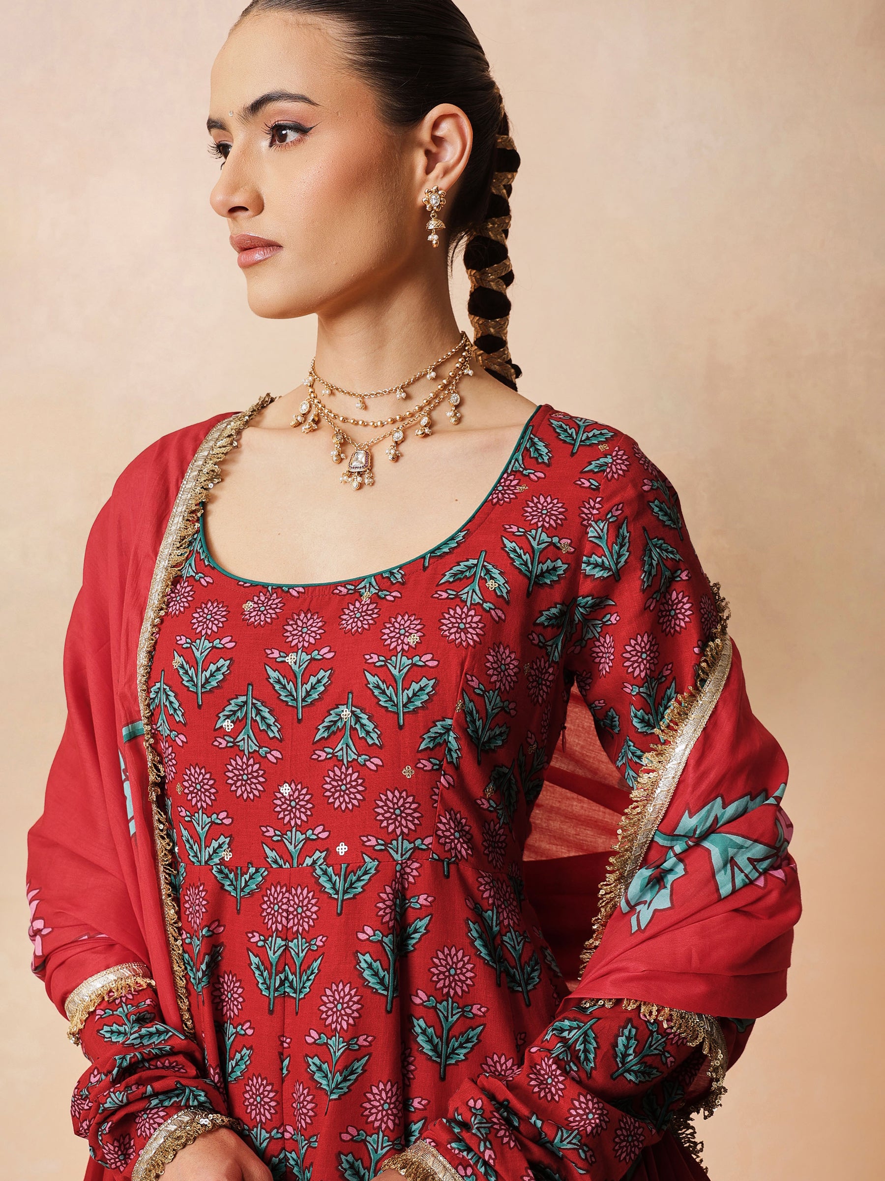 Women Red Floral Anarkali Kurta With Pencil Pants & Dupatta