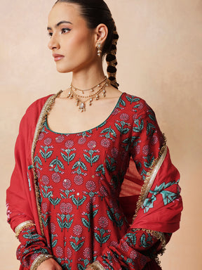 Women Red Floral Anarkali Kurta With Pencil Pants & Dupatta