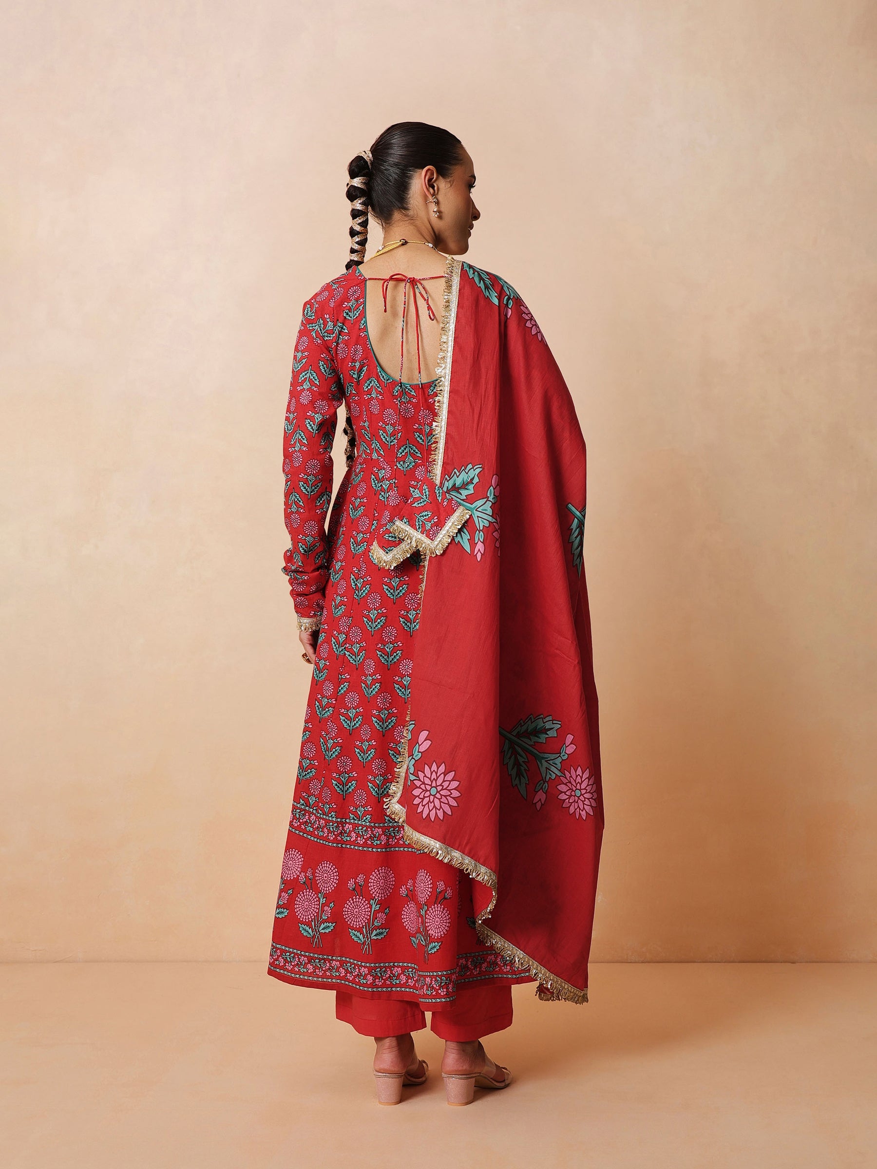 Women Red Floral Anarkali Kurta With Pencil Pants & Dupatta