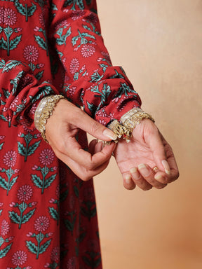 Women Red Floral Anarkali Kurta With Pencil Pants & Dupatta