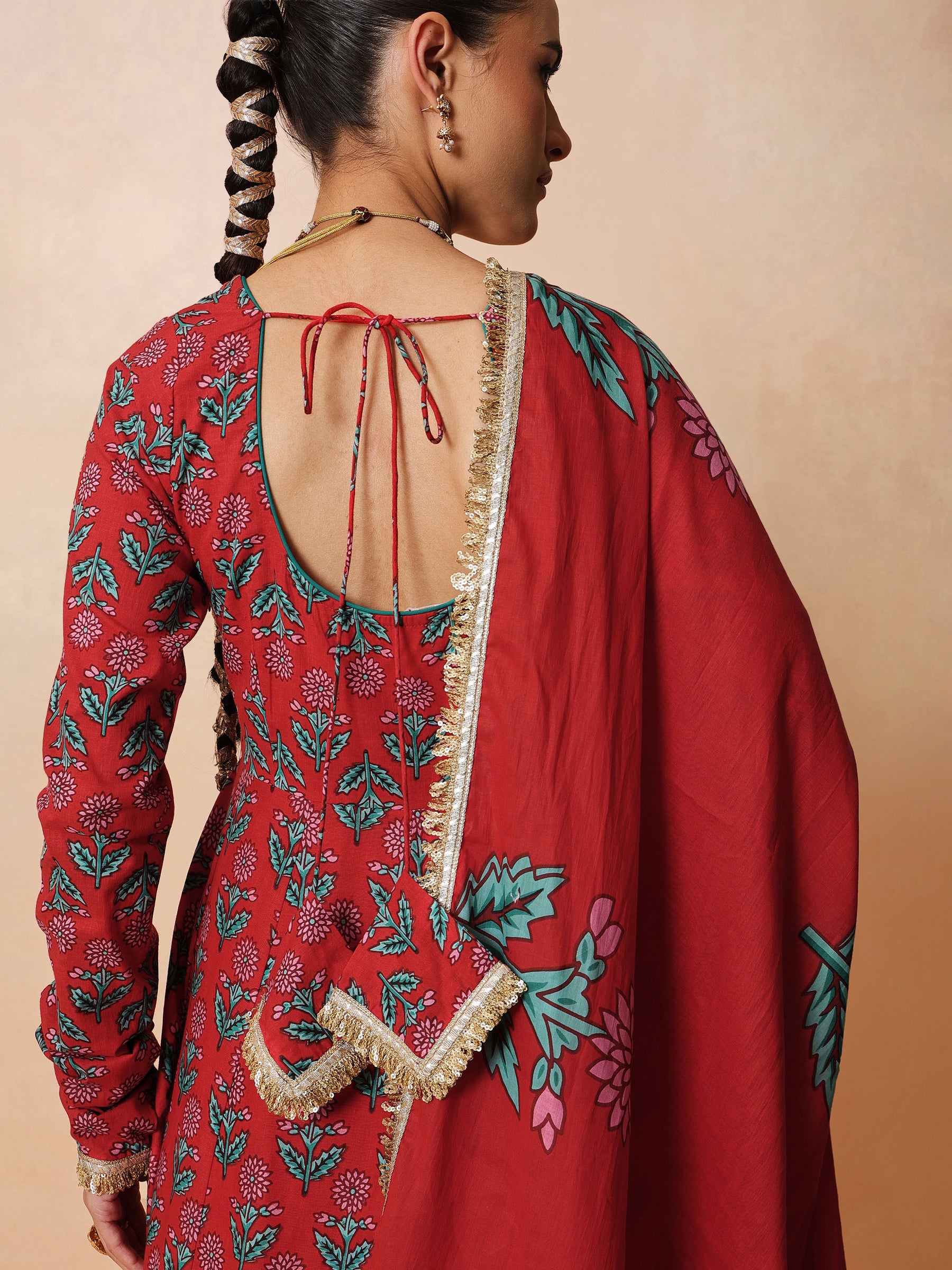Women Red Floral Anarkali Kurta With Pencil Pants & Dupatta