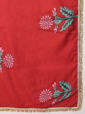 Women Red Floral Anarkali Kurta With Pencil Pants & Dupatta