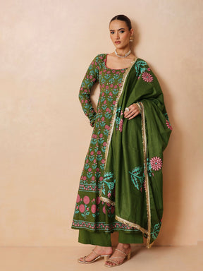 Olive Floral Anarkali Kurta With Pencil Pants & Dupatta-Luxe - Shae by SASSAFRAS