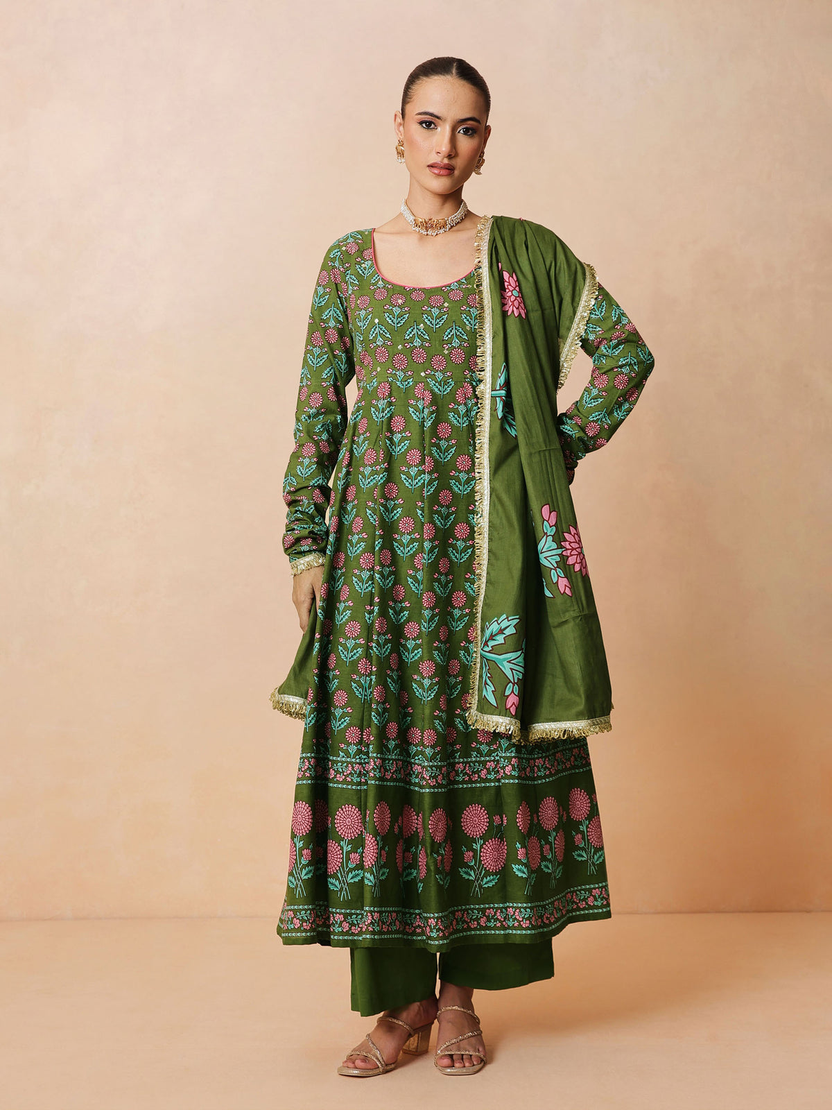 Women Olive Floral Anarkali Kurta With Pencil Pants & Dupatta