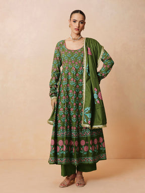 Women Olive Floral Anarkali Kurta With Pencil Pants & Dupatta