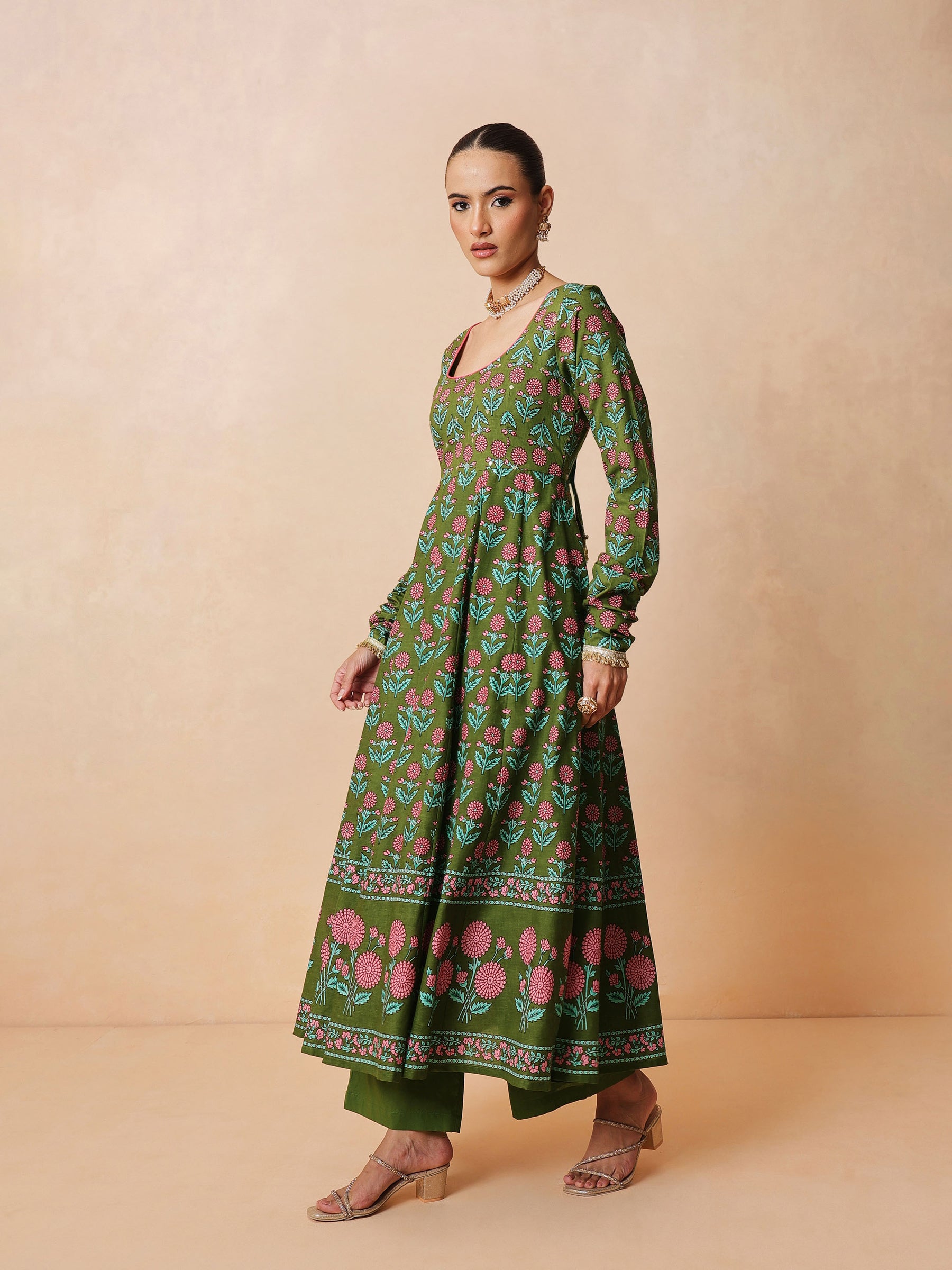 Women Olive Floral Anarkali Kurta With Pencil Pants & Dupatta