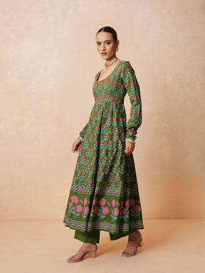 Women Olive Floral Anarkali Kurta With Pencil Pants & Dupatta