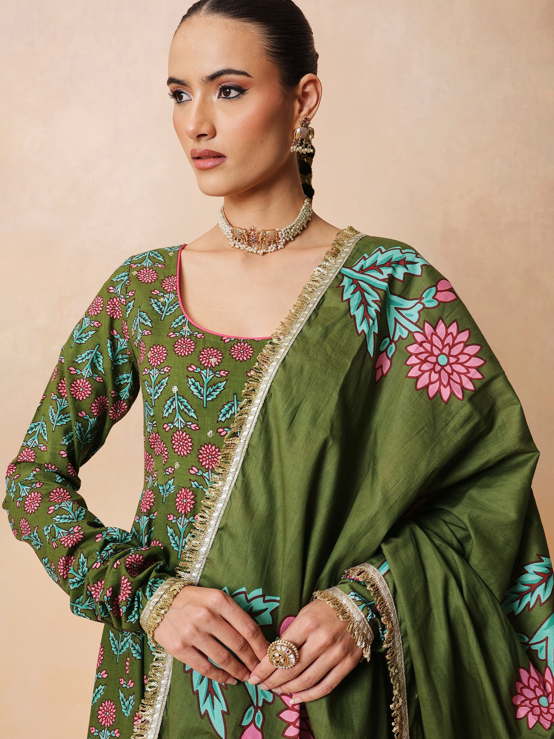 Women Olive Floral Anarkali Kurta With Pencil Pants & Dupatta
