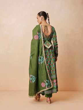 Women Olive Floral Anarkali Kurta With Pencil Pants & Dupatta
