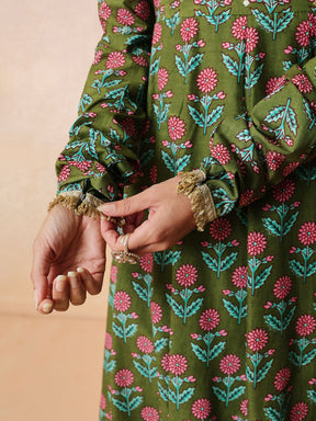 Women Olive Floral Anarkali Kurta With Pencil Pants & Dupatta