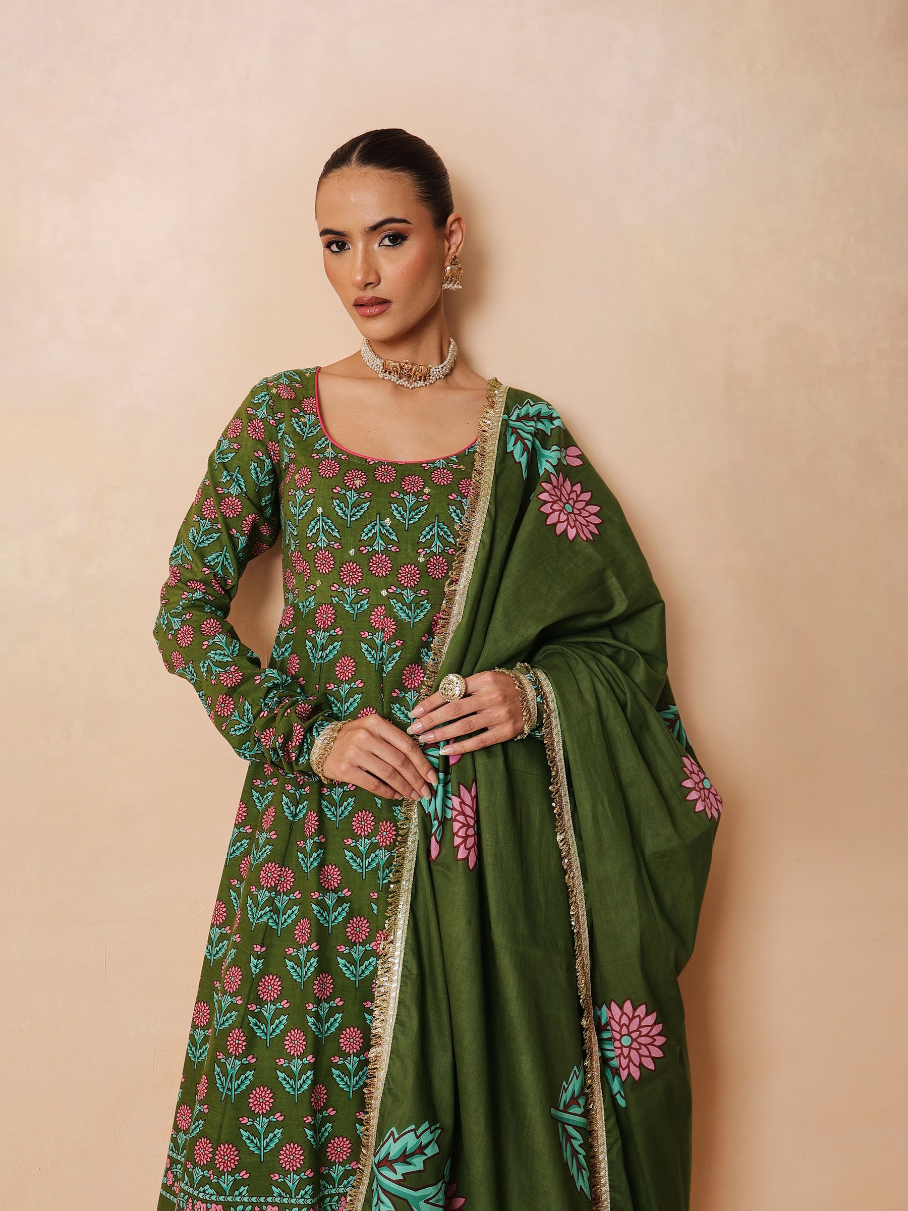 Women Olive Floral Anarkali Kurta With Pencil Pants & Dupatta