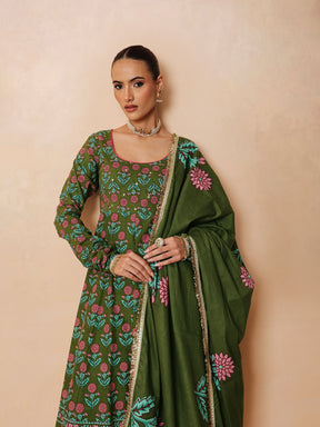 Women Olive Floral Anarkali Kurta With Pencil Pants & Dupatta