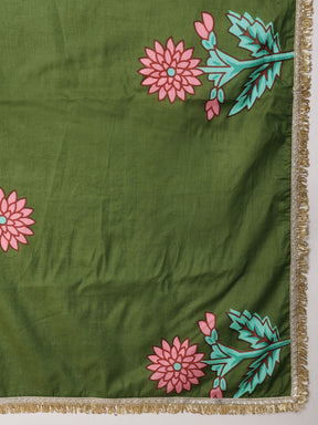 Women Olive Floral Anarkali Kurta With Pencil Pants & Dupatta