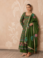 Women Olive Floral Anarkali Kurta With Pencil Pants & Dupatta