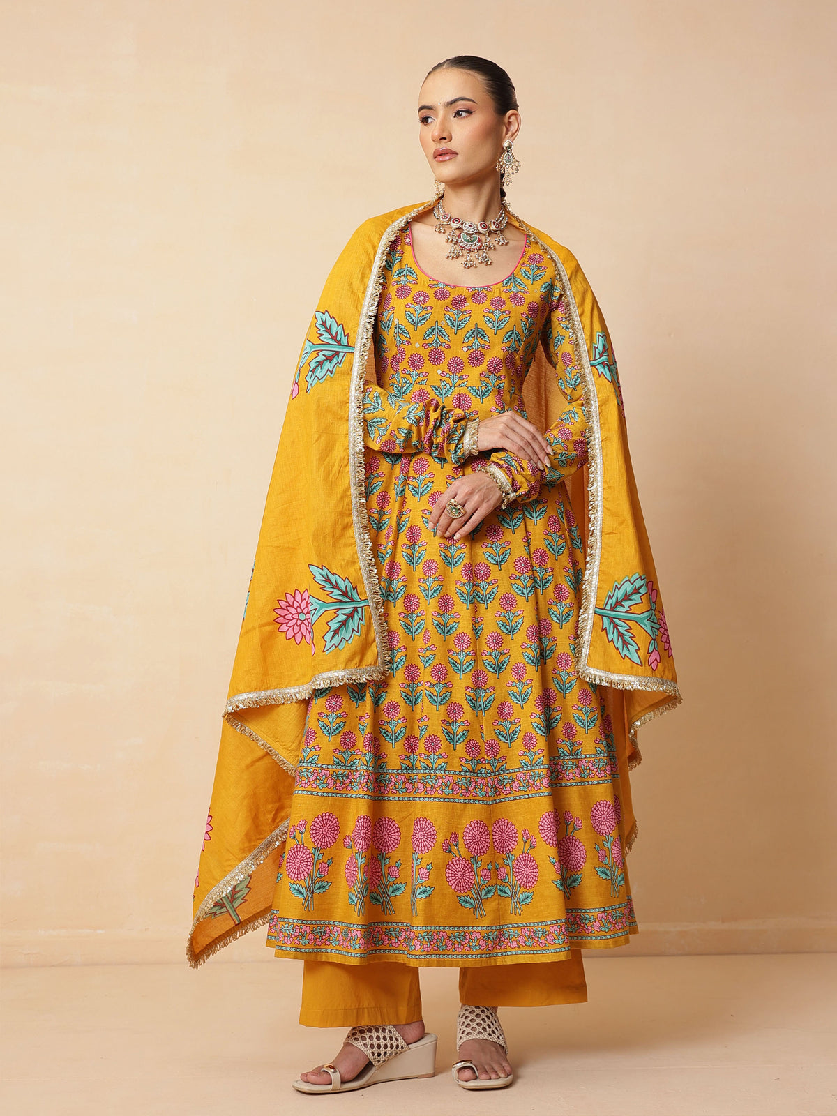 Yellow Floral Cotton Anarkali Kurta With Pencil Pants & Dupatta-Luxe - Shae by SASSAFRAS