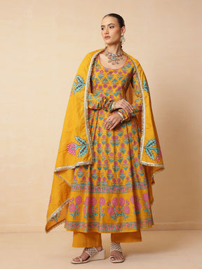 Yellow Floral Cotton Anarkali Kurta With Pencil Pants & Dupatta-Luxe - Shae by SASSAFRAS